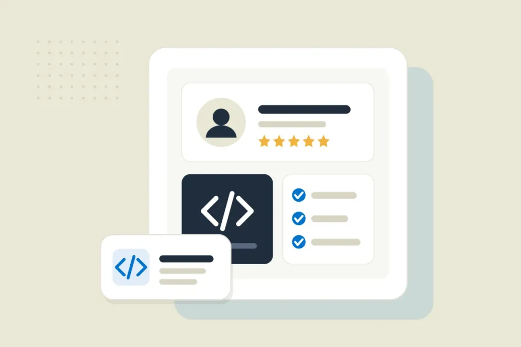 WordPress uzmanı profil kartı, kod ve kontrol listesi illüstrasyonu