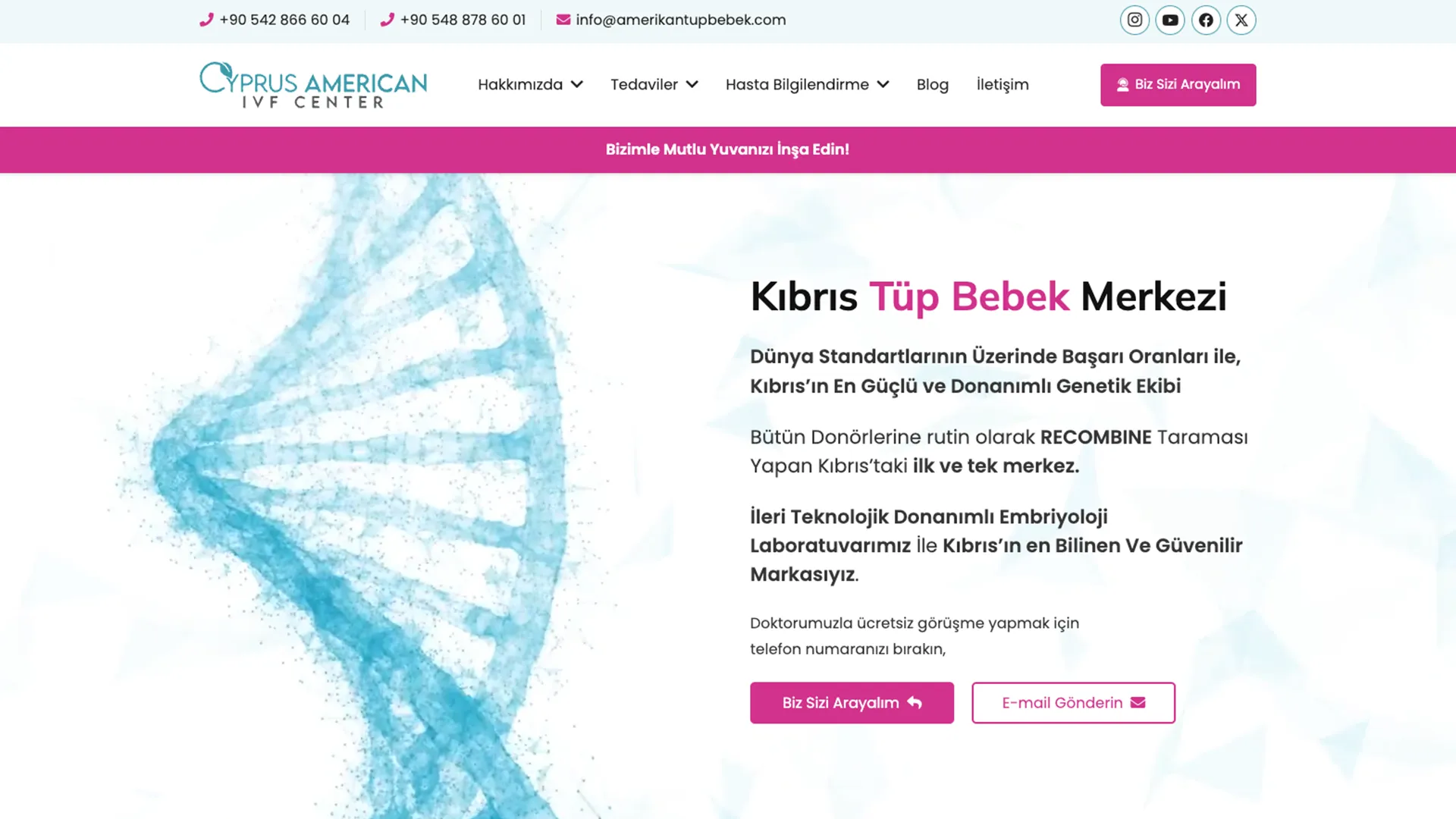 Kıbrıs Amerikan Tüp Bebek Merkezi web sitesi ekran görüntüsü