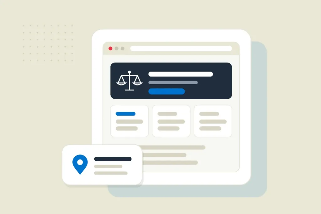 Hukuk bürosu web sitesi ve konum işaretini gösteren illüstrasyon