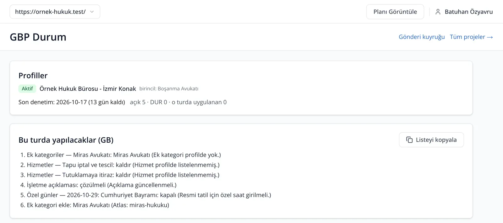 Atlas Google İşletme Profili denetim ekranı: bu turda yapılacaklar listesi.