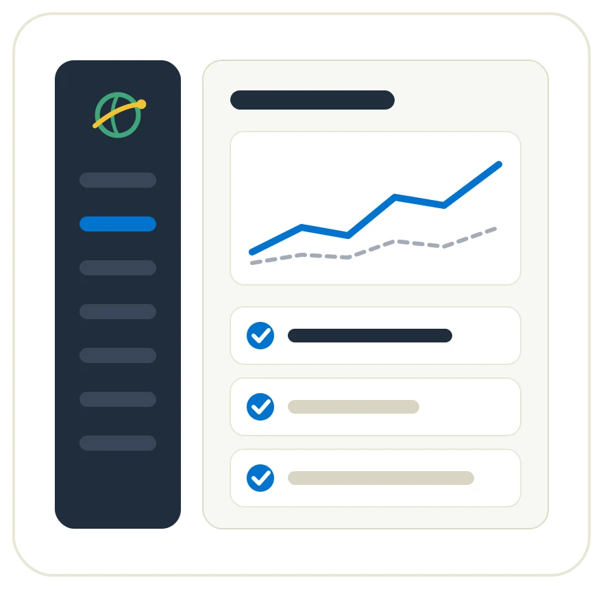 Atlas SEO planlama ve ölçüm sistemi: içerik planı, dönem karşılaştırma grafiği ve kontrol listesi illüstrasyonu