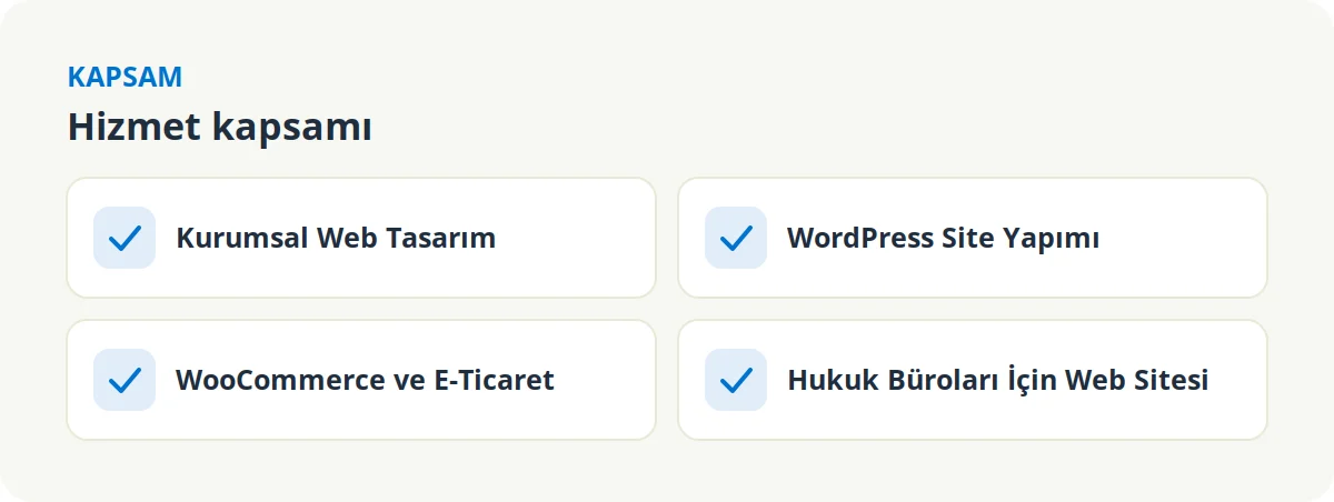 İzmir web tasarım hizmet kapsamı: kurumsal web tasarım, WordPress site yapımı, WooCommerce ve e-ticaret, hukuk büroları için web sitesi