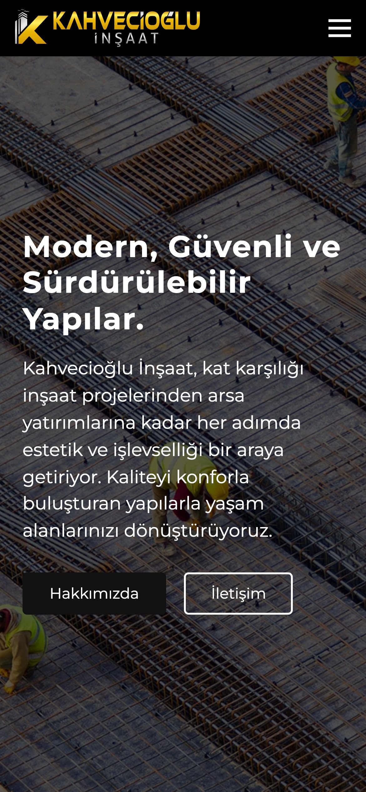Kahvecioğlu İnşaat web sitesinin mobil görünümü