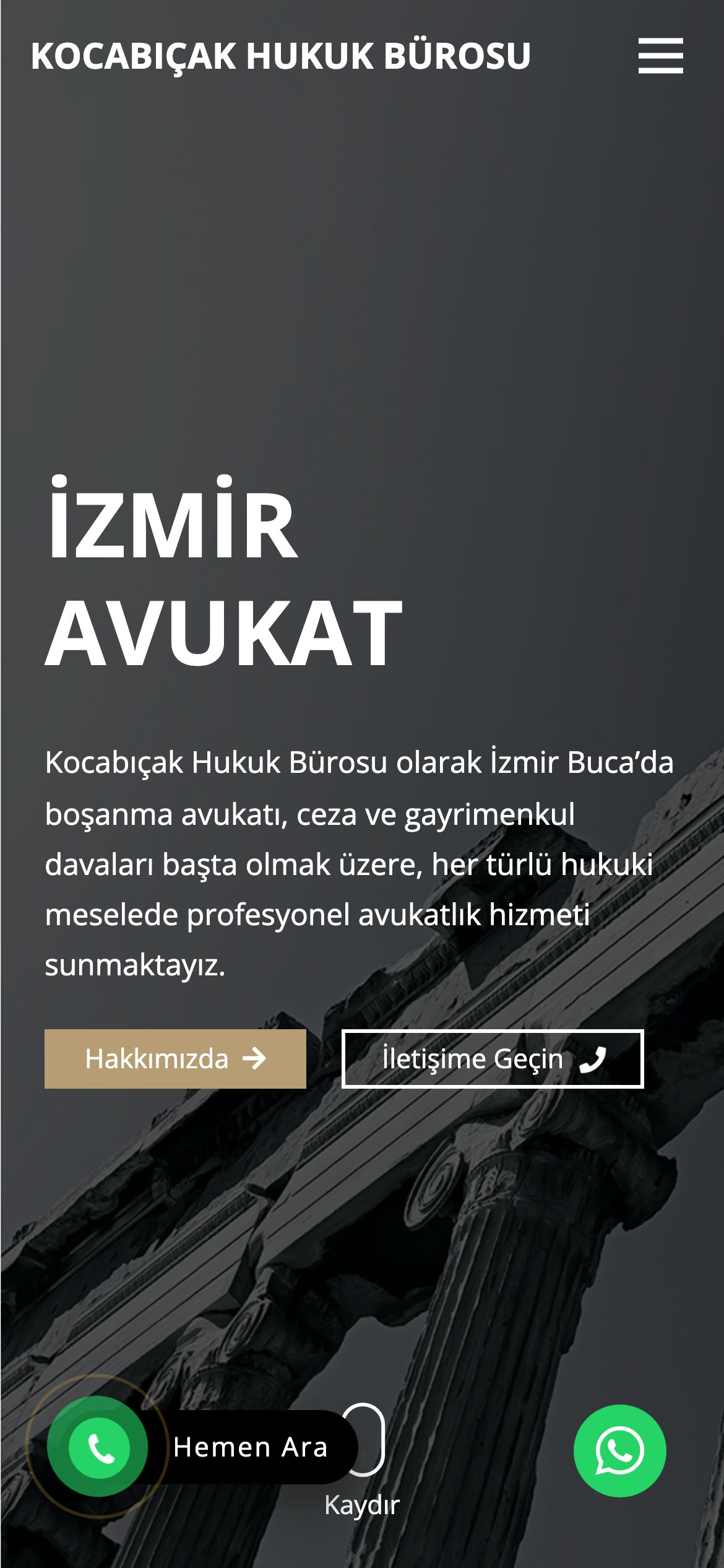 Kocabıçak Hukuk Bürosu web sitesinin mobil görünümü