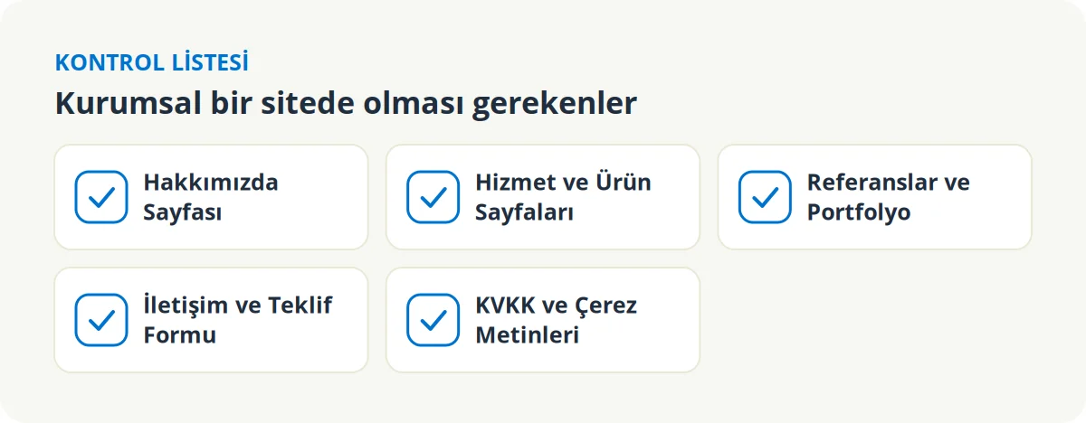 Kurumsal bir sitede olması gerekenler: hakkımızda sayfası, hizmet ve ürün sayfaları, referanslar ve portfolyo, iletişim ve teklif formu, KVKK ve çerez metinleri