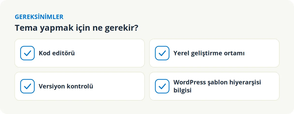 Özel WordPress teması yapmak için gerekenler: kod editörü, yerel geliştirme ortamı, versiyon kontrolü, WordPress şablon hiyerarşisi bilgisi